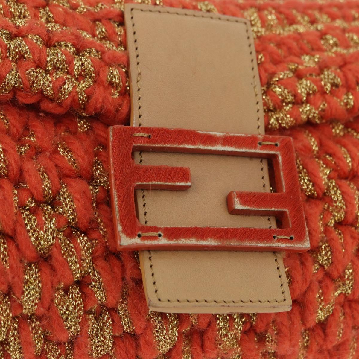 FENDI Mamma Baguette Shoulder Bag Knitted Fabrics Orange Gold Auth 198479SAM