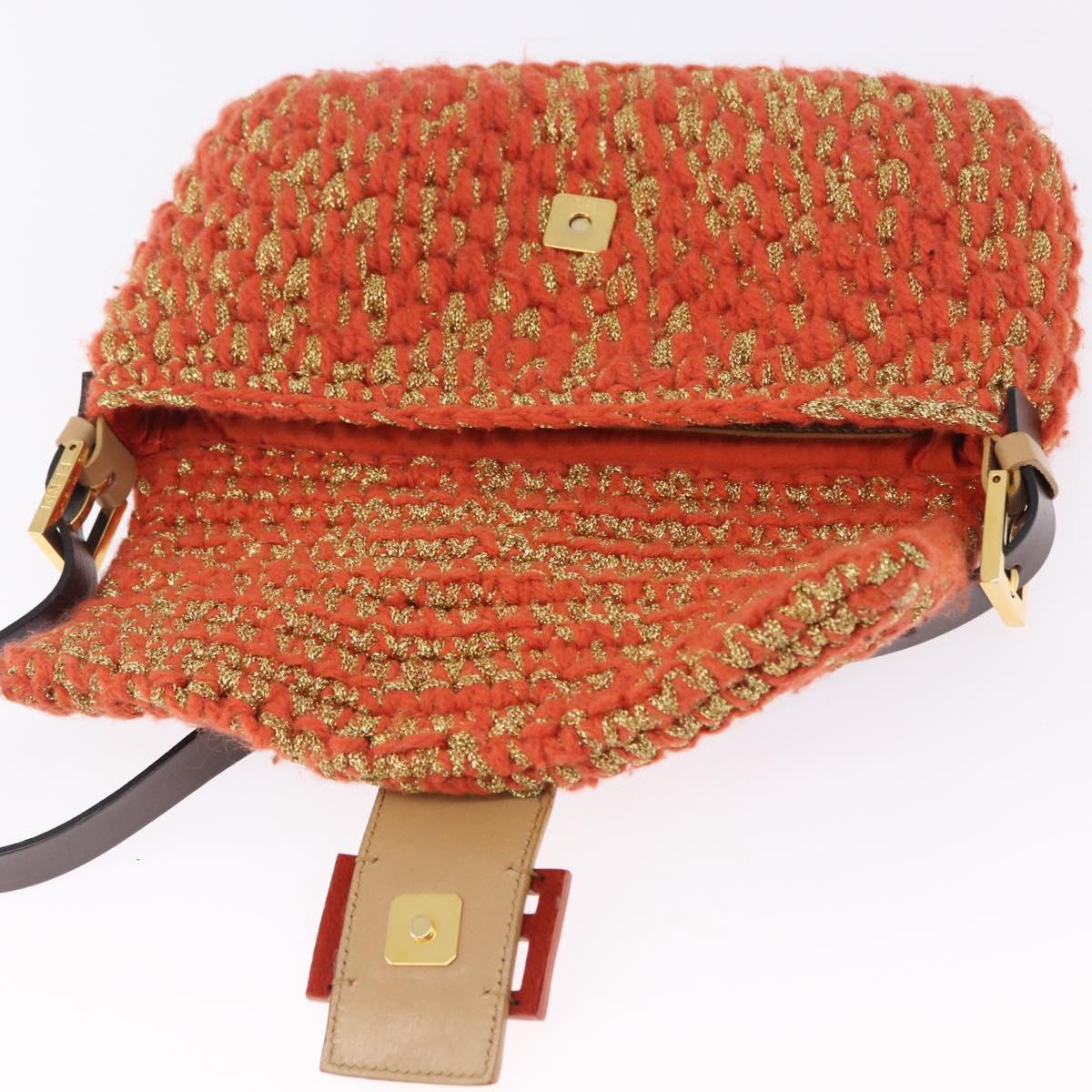 FENDI Mamma Baguette Shoulder Bag Knitted Fabrics Orange Gold Auth 198479SAM