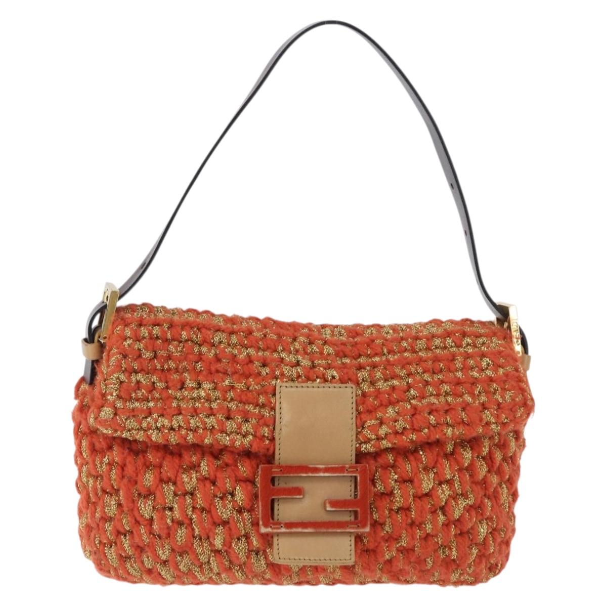 FENDI Mamma Baguette Shoulder Bag Knitted Fabrics Orange Gold Auth 198479SAM