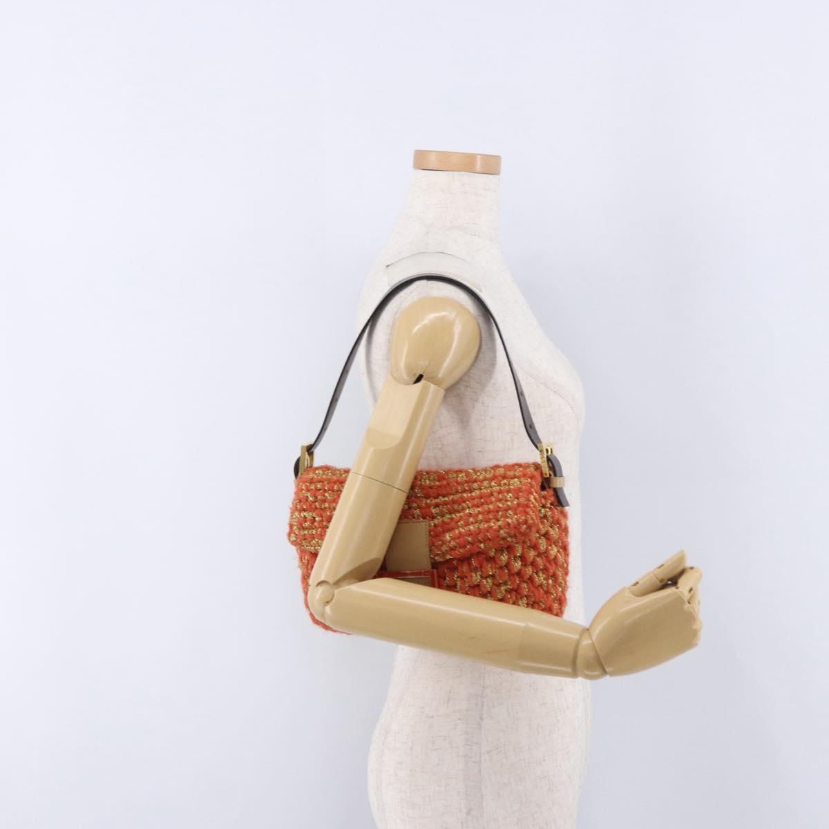 FENDI Mamma Baguette Shoulder Bag Knitted Fabrics Orange Gold Auth 198479SAM