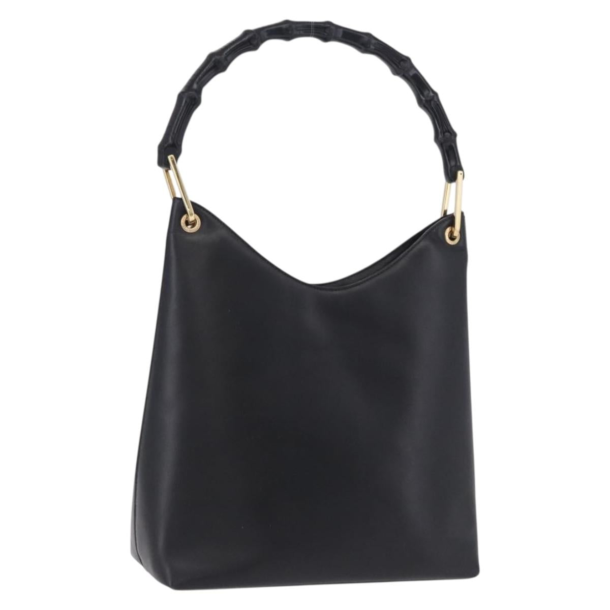 GUCCI Bamboo Hand Bag Leather Black Gold Tone 001 3007 Auth 198483