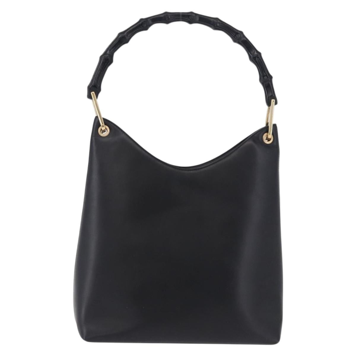 GUCCI Bamboo Hand Bag Leather Black Gold Tone 001 3007 Auth 198483