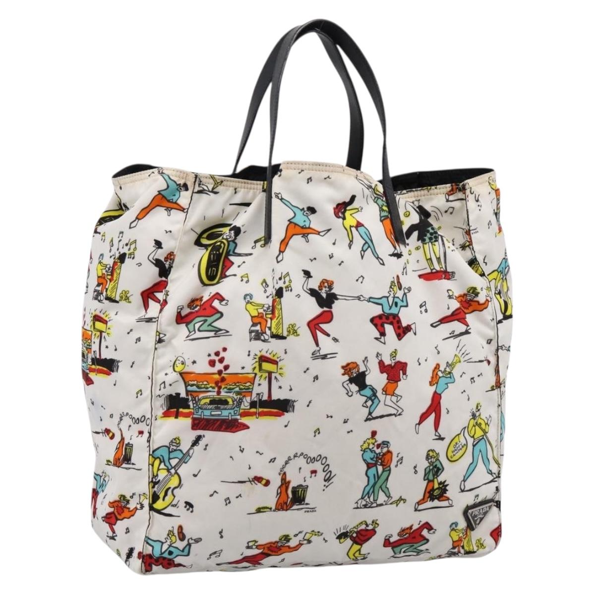 PRADA Tote Bag Nylon Ivory Black Auth 198485A