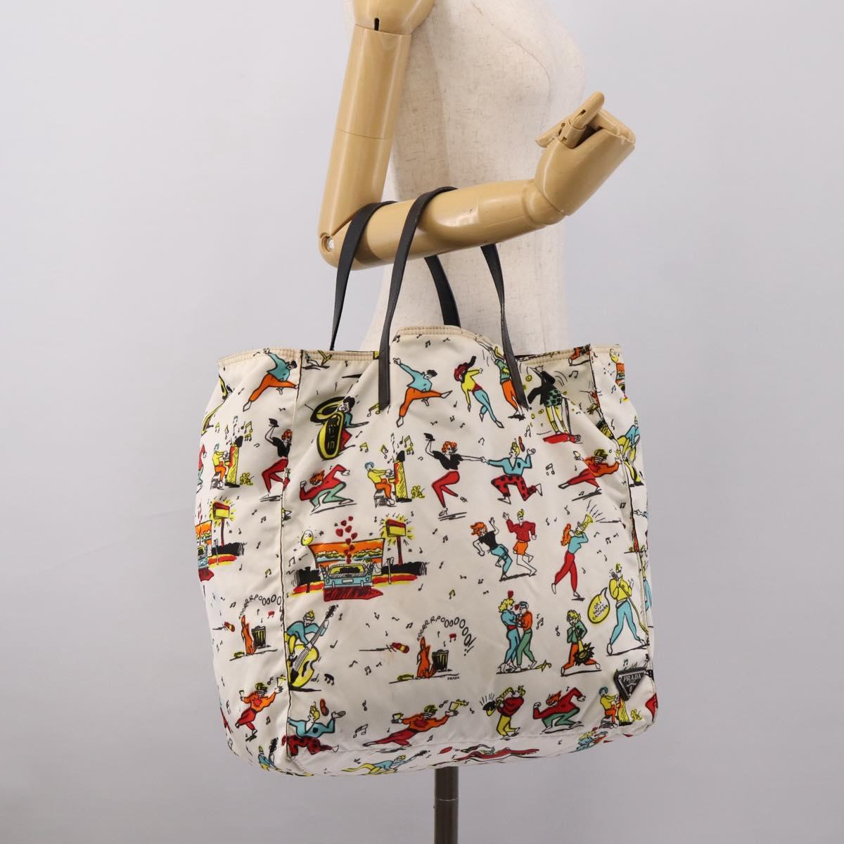 PRADA Tote Bag Nylon Ivory Black Auth 198485A