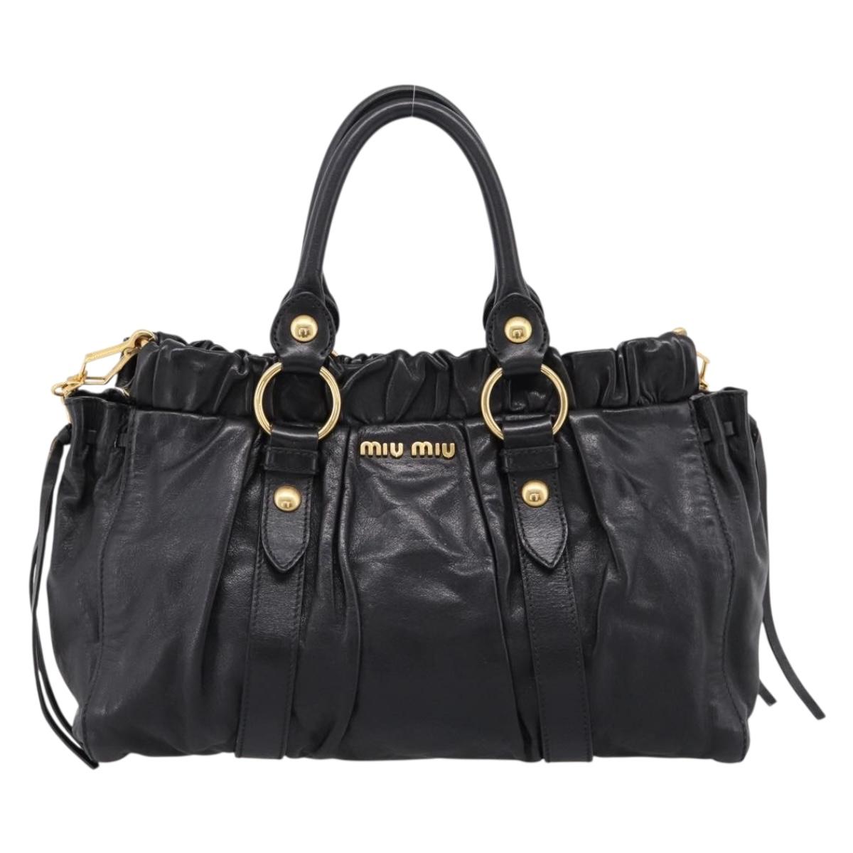 Miu Miu Vitellolux Hand Bag Leather 2way Black Gold Tone Auth 198490V