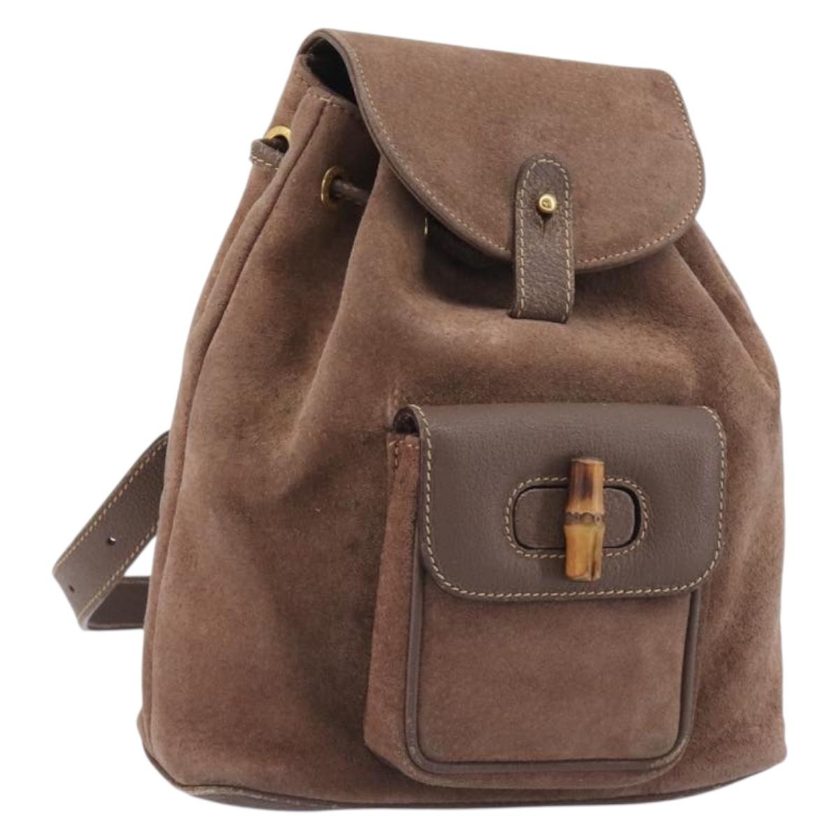 GUCCI Bamboo Backpack Suede Brown Gold Tone 003 2058 0030 Auth 198495