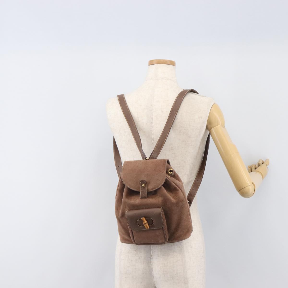 GUCCI Bamboo Backpack Suede Brown Gold Tone 003 2058 0030 Auth 198495