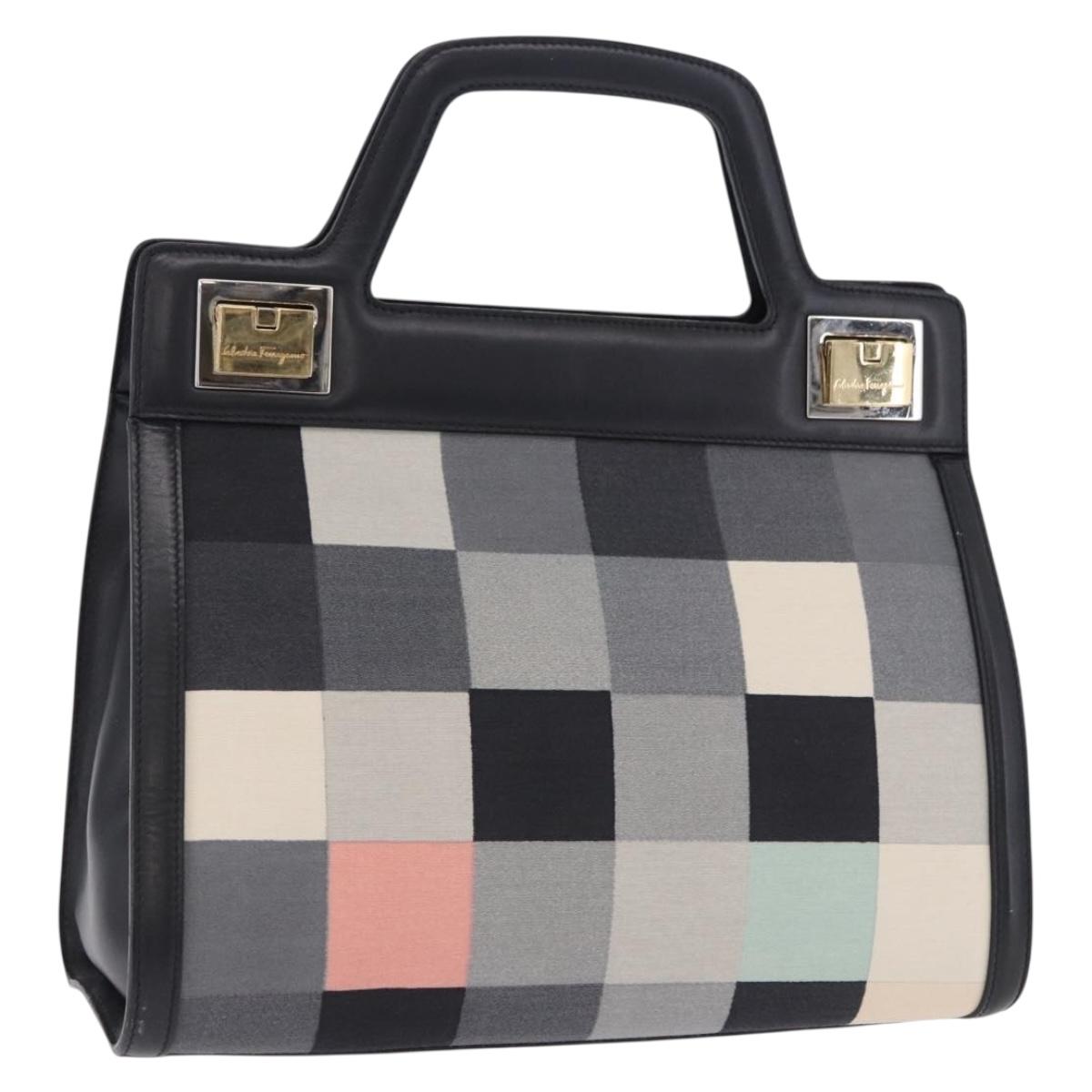 Salvatore Ferragamo Hand Bag Canvas Black Gold Tone Auth 198496A