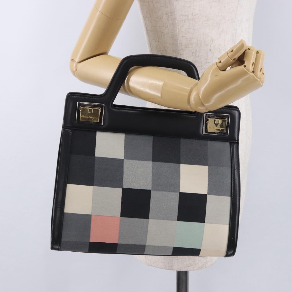 Salvatore Ferragamo Hand Bag Canvas Black Gold Tone Auth 198496A