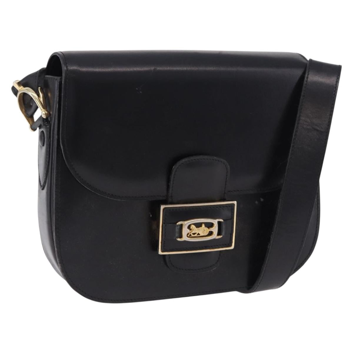 CELINE Horse Carriage Shoulder Bag Leather Black Gold Tone Auth 198510