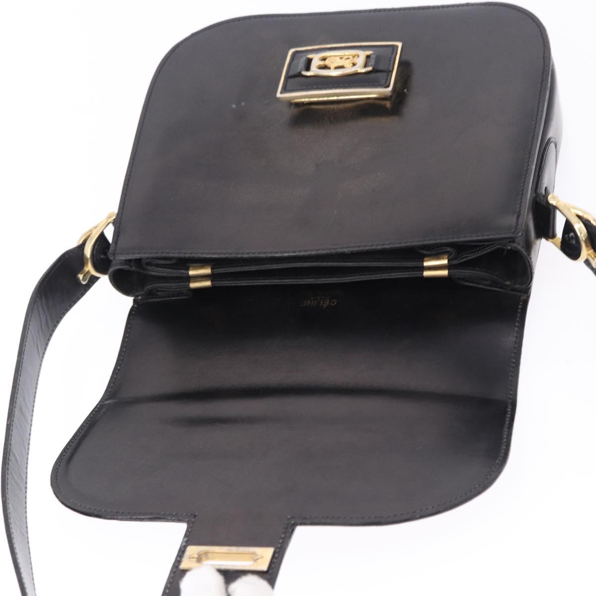 CELINE Horse Carriage Shoulder Bag Leather Black Gold Tone Auth 198510