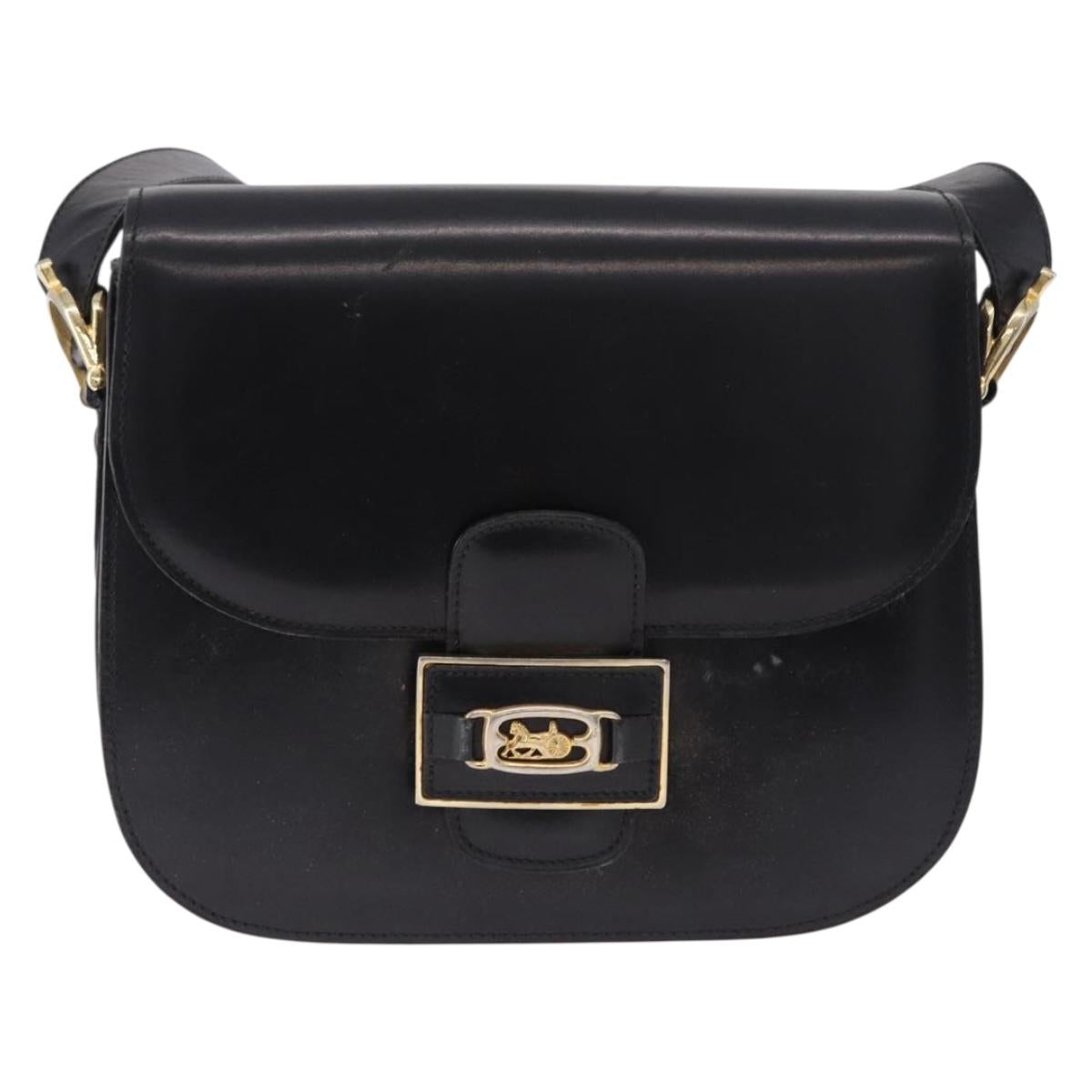 CELINE Horse Carriage Shoulder Bag Leather Black Gold Tone Auth 198510