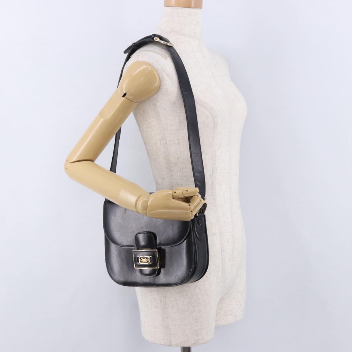 CELINE Horse Carriage Shoulder Bag Leather Black Gold Tone Auth 198510