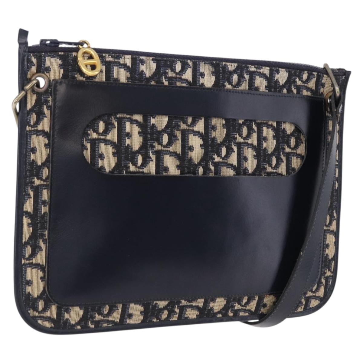 Christian Dior Trotter Canvas Shoulder Bag Navy Gold Tone Auth 198511A