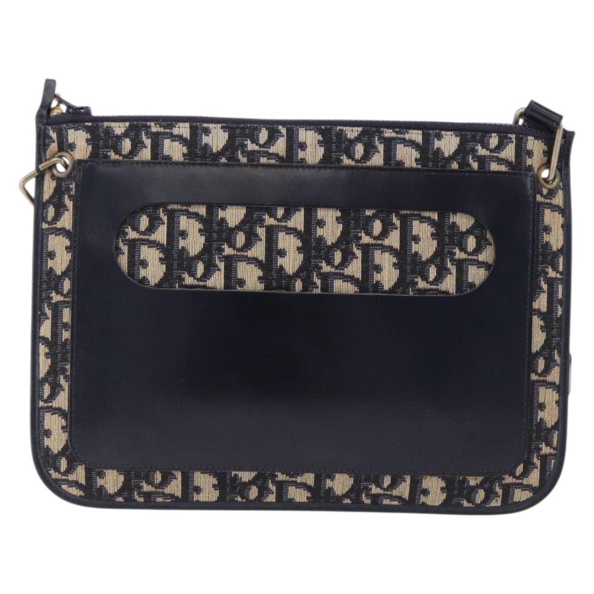 Christian Dior Trotter Canvas Shoulder Bag Navy Gold Tone Auth 198511A