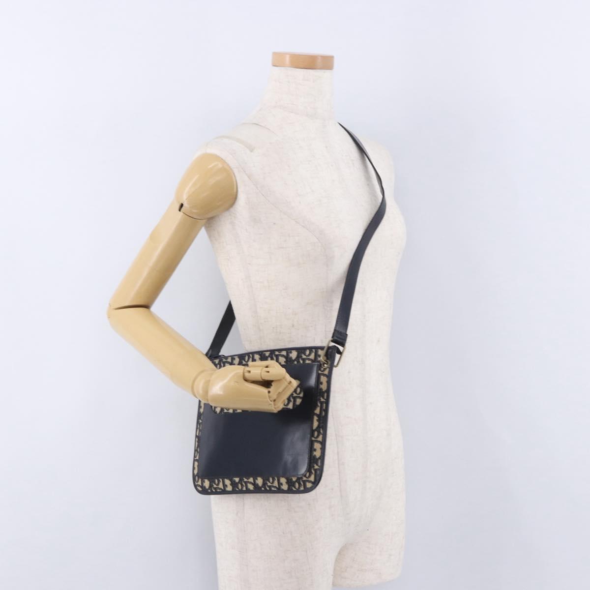Christian Dior Trotter Canvas Shoulder Bag Navy Gold Tone Auth 198511A