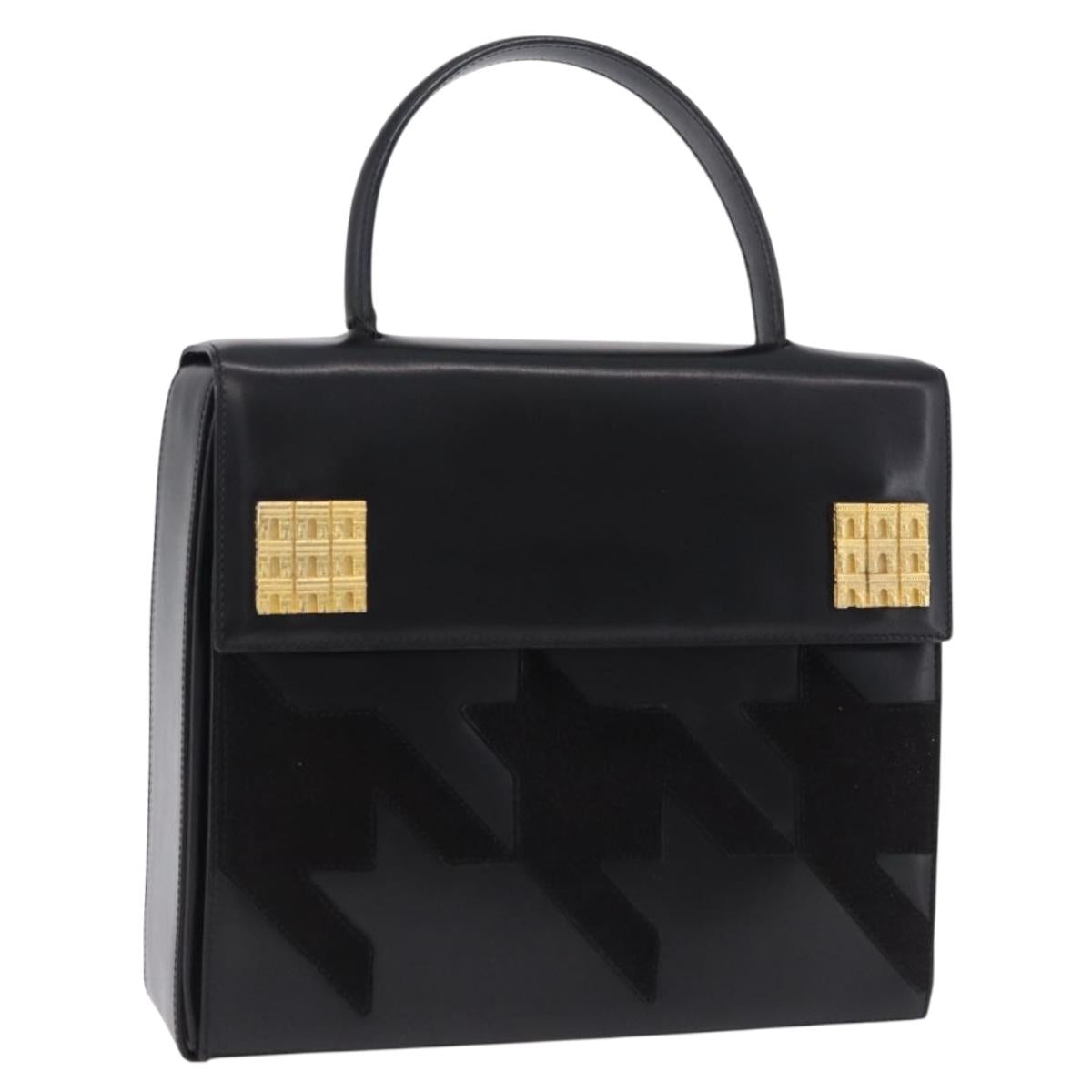 CELINE Hand Bag Leather Black Gold Tone Auth 198516V