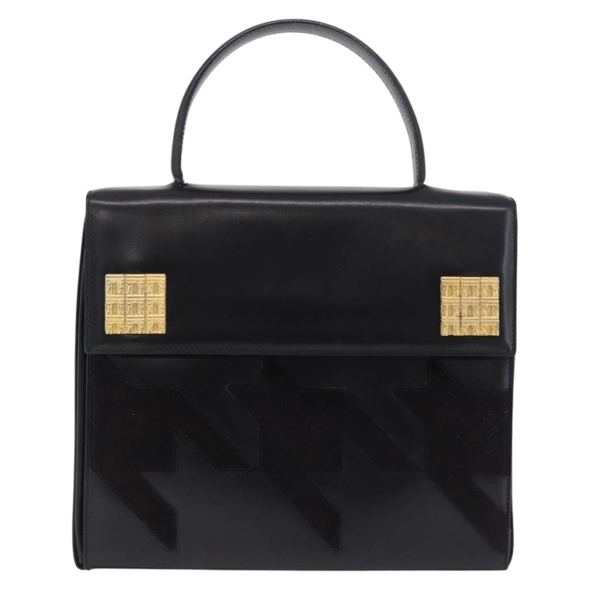 CELINE Hand Bag Leather Black Gold Tone Auth 198516V