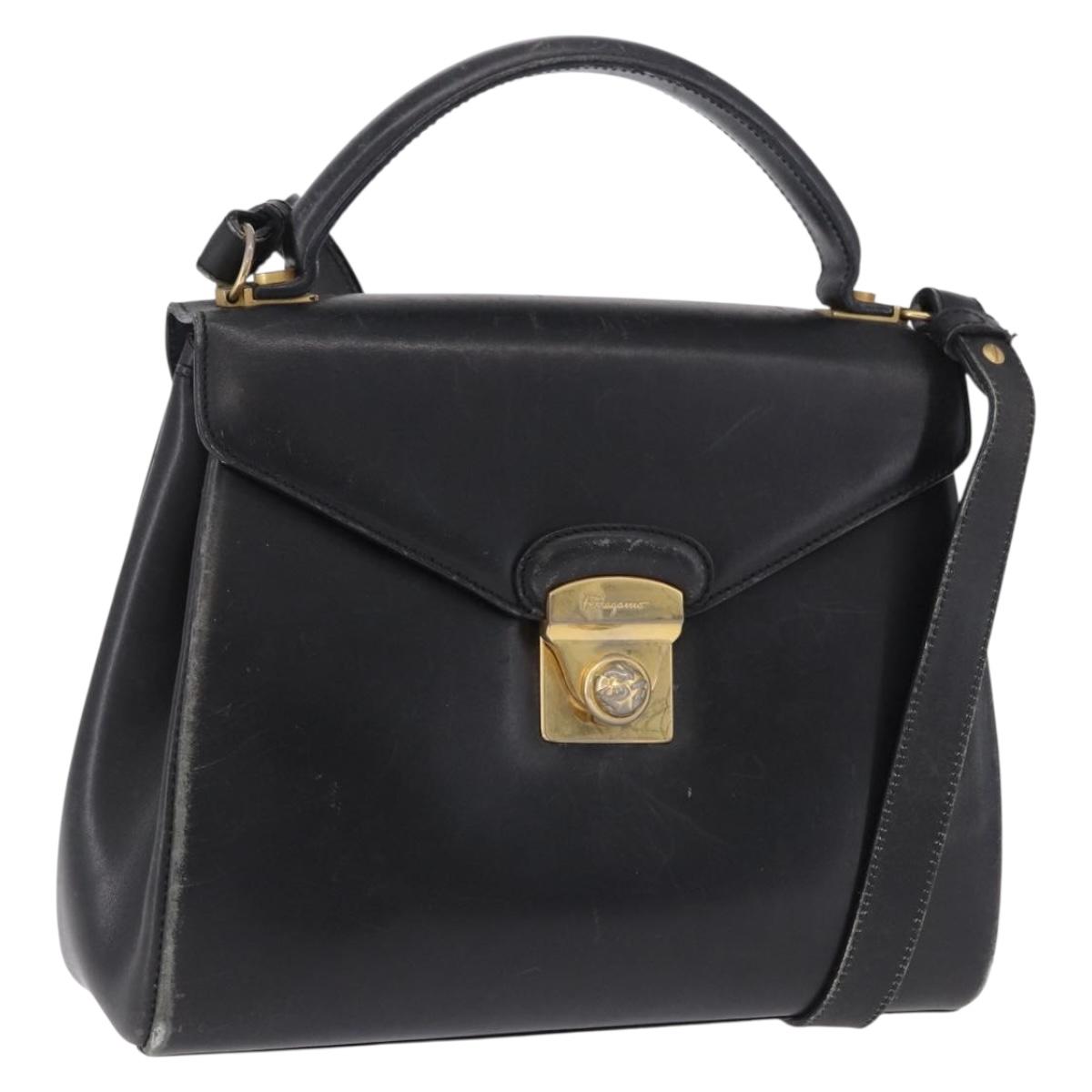 Salvatore Ferragamo Hand Bag Leather 2way Black Gold Tone Auth 198519
