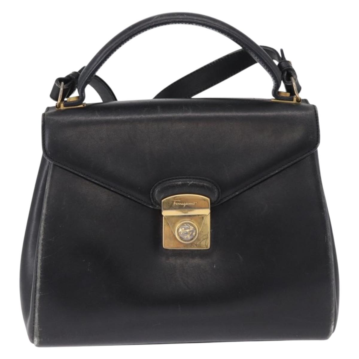 Salvatore Ferragamo Hand Bag Leather 2way Black Gold Tone Auth 198519