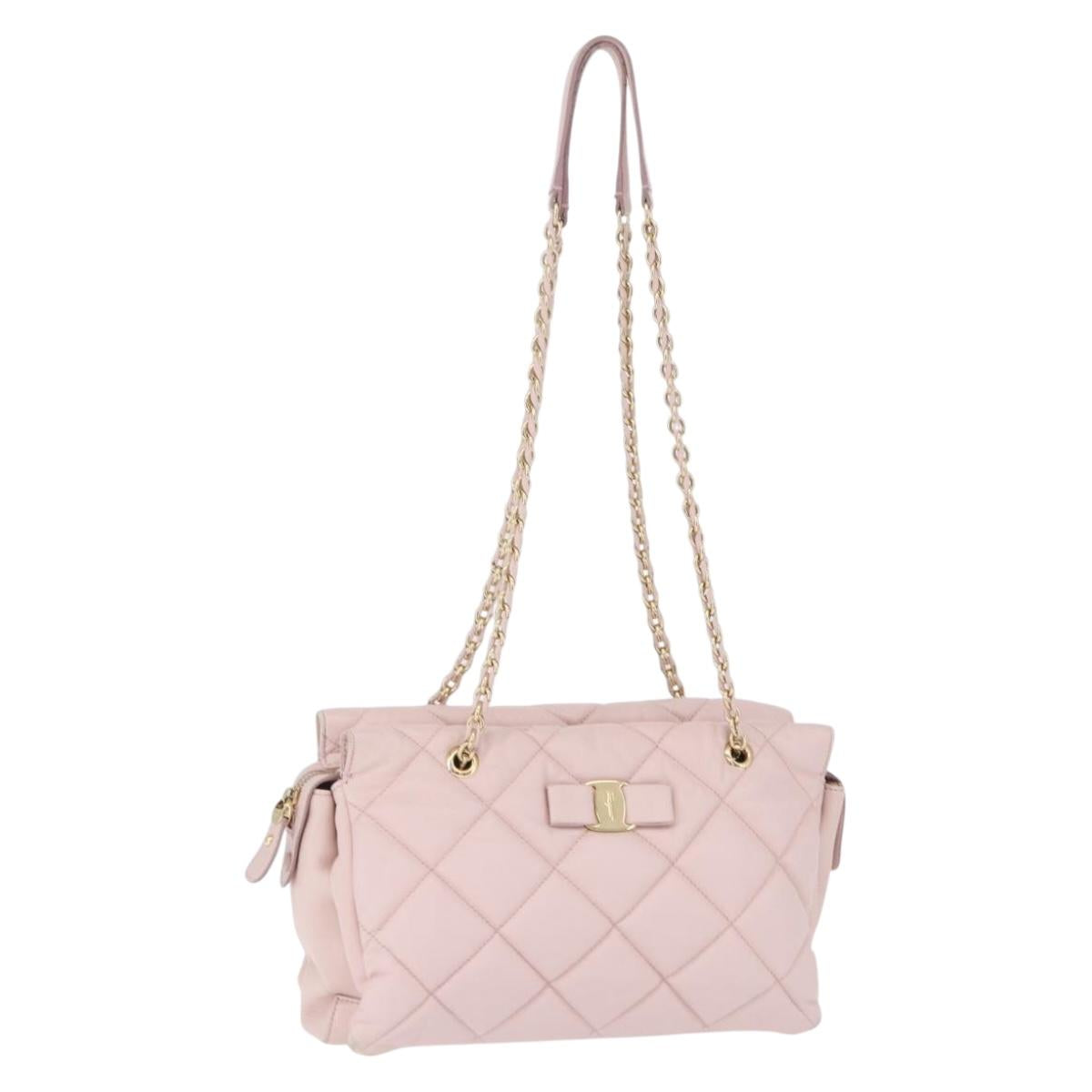 Salvatore Ferragamo Vala Chain Shoulder Bag Leather Pink Gold Tone Auth 198526A