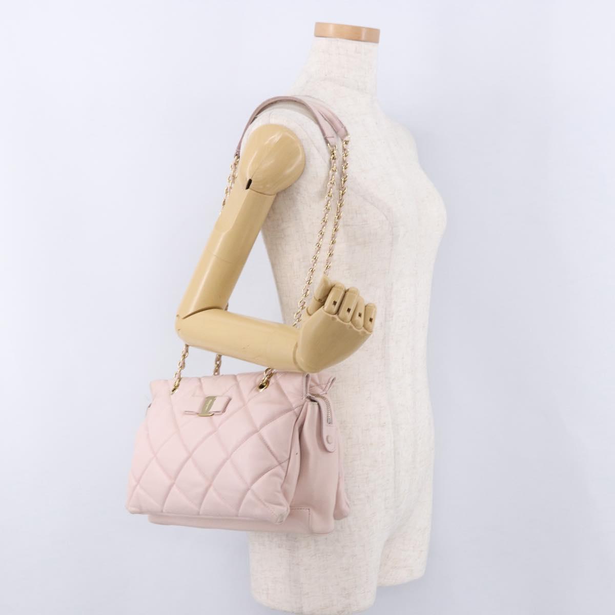 Salvatore Ferragamo Vala Chain Shoulder Bag Leather Pink Gold Tone Auth 198526A