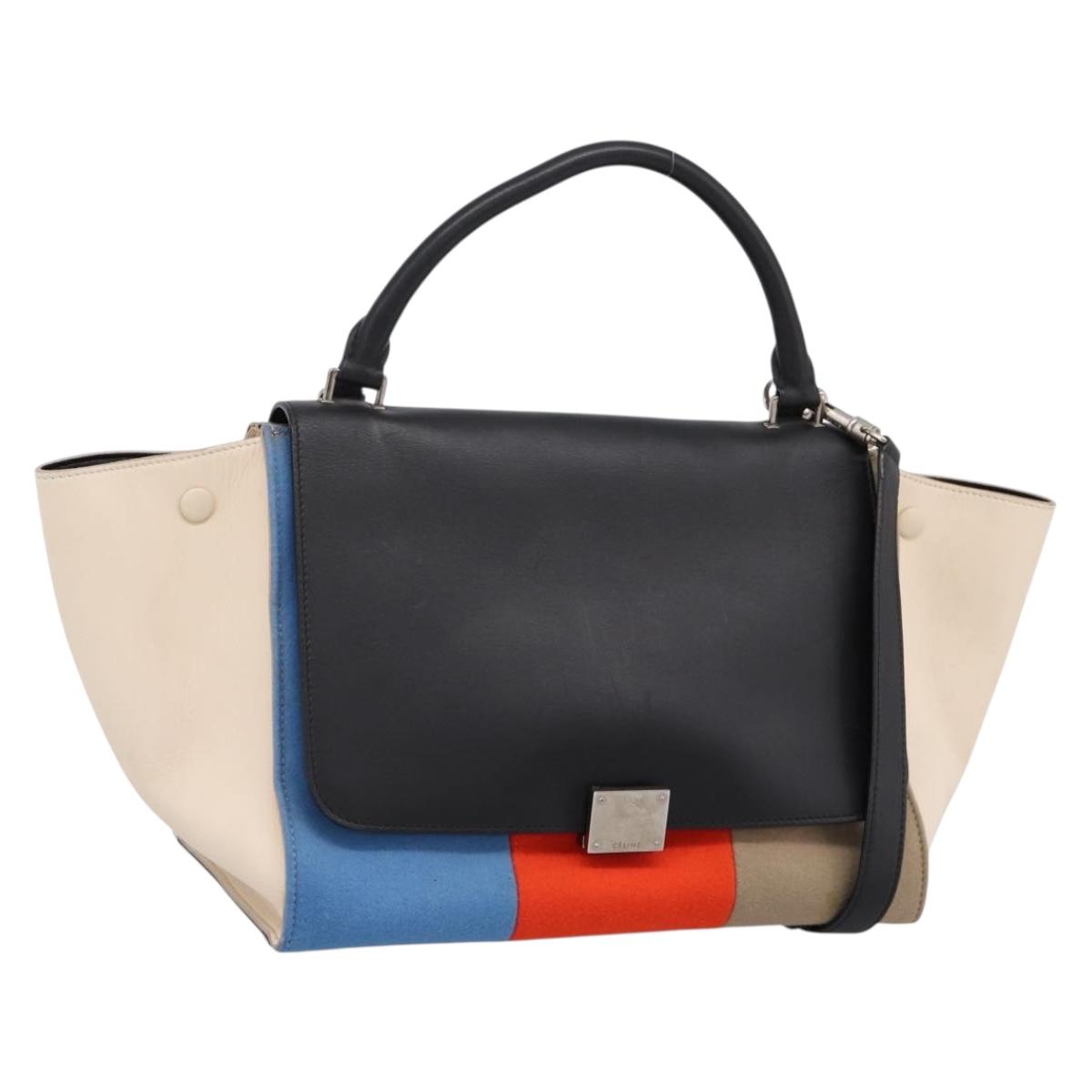 CELINE Trapeze Hand Bag Wool 2way Beige Silver Auth 198538V