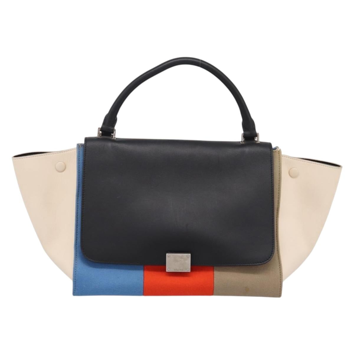 CELINE Trapeze Hand Bag Wool 2way Beige Silver Auth 198538V