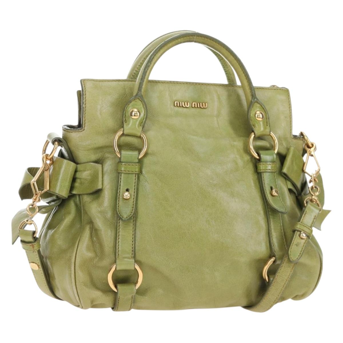 Miu Miu Side Ribbon Hand Bag Vitello Lux Leather 2way Green Gold Auth 198540M