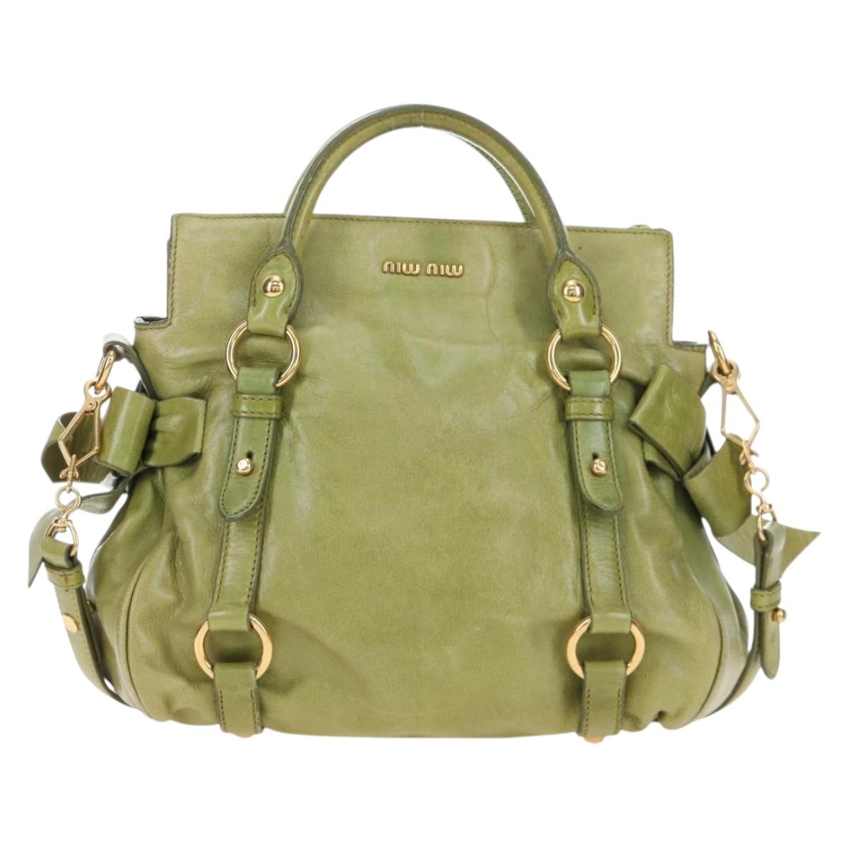 Miu Miu Side Ribbon Hand Bag Vitello Lux Leather 2way Green Gold Auth 198540M