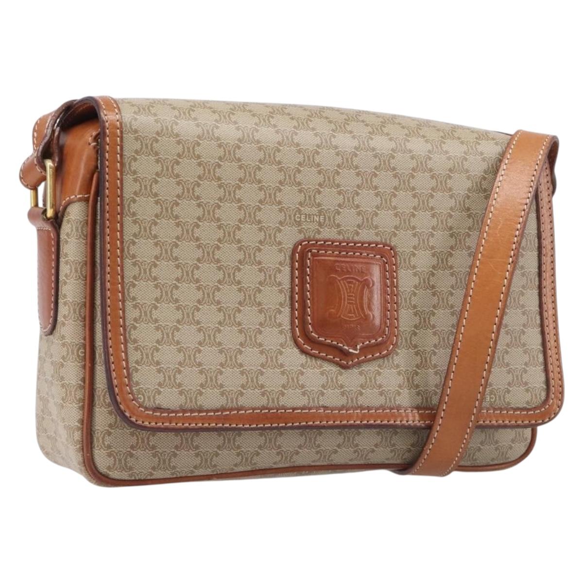 CELINE Macadam Shoulder Bag PVC Leather Beige Gold Tone Auth 198545