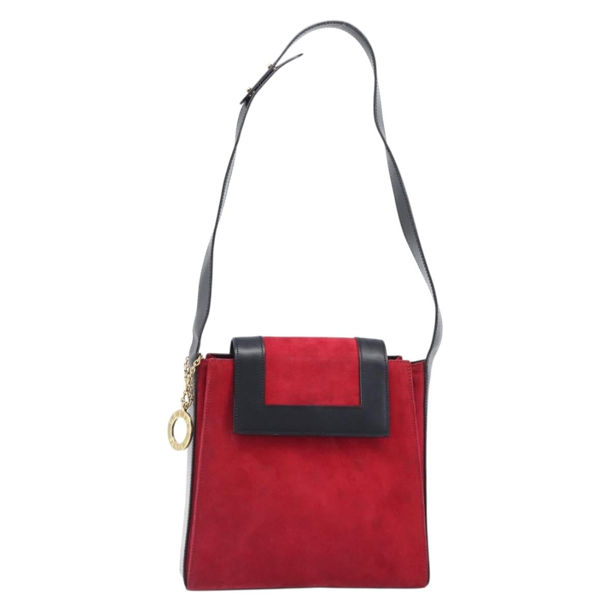 CELINE Circle Shoulder Bag Suede Red Gold Auth 198547A