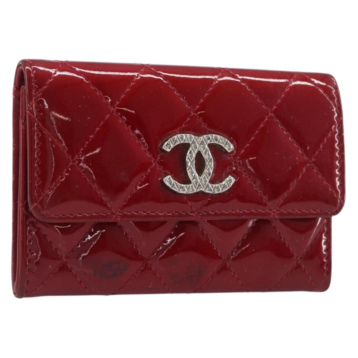 CELINE Matelasse Card Case Patent Red Silver Auth 198555