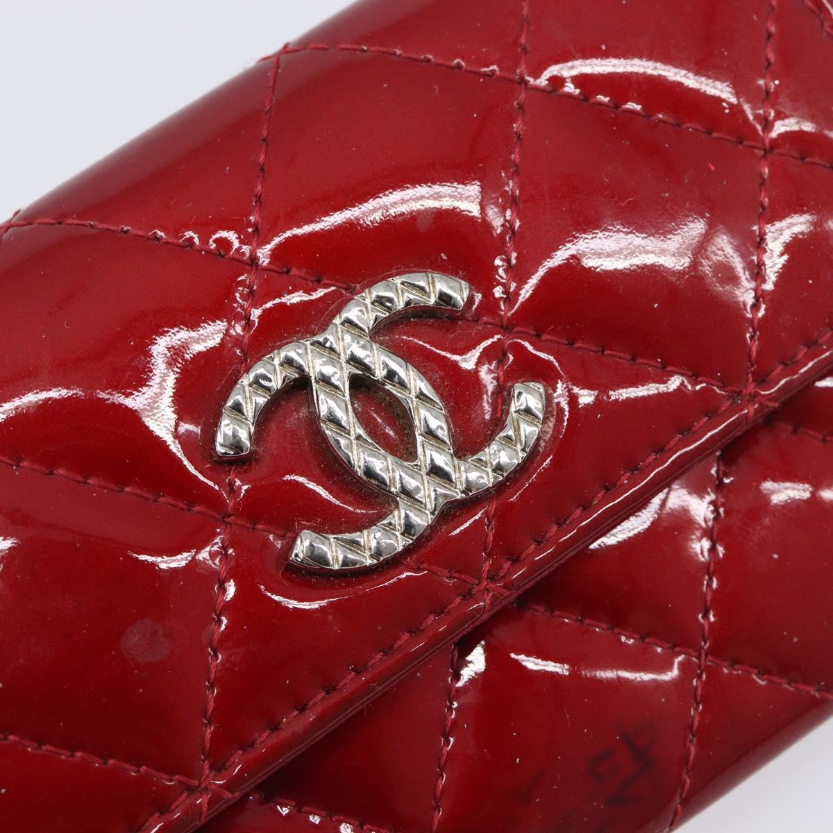 CELINE Matelasse Card Case Patent Red Silver Auth 198555