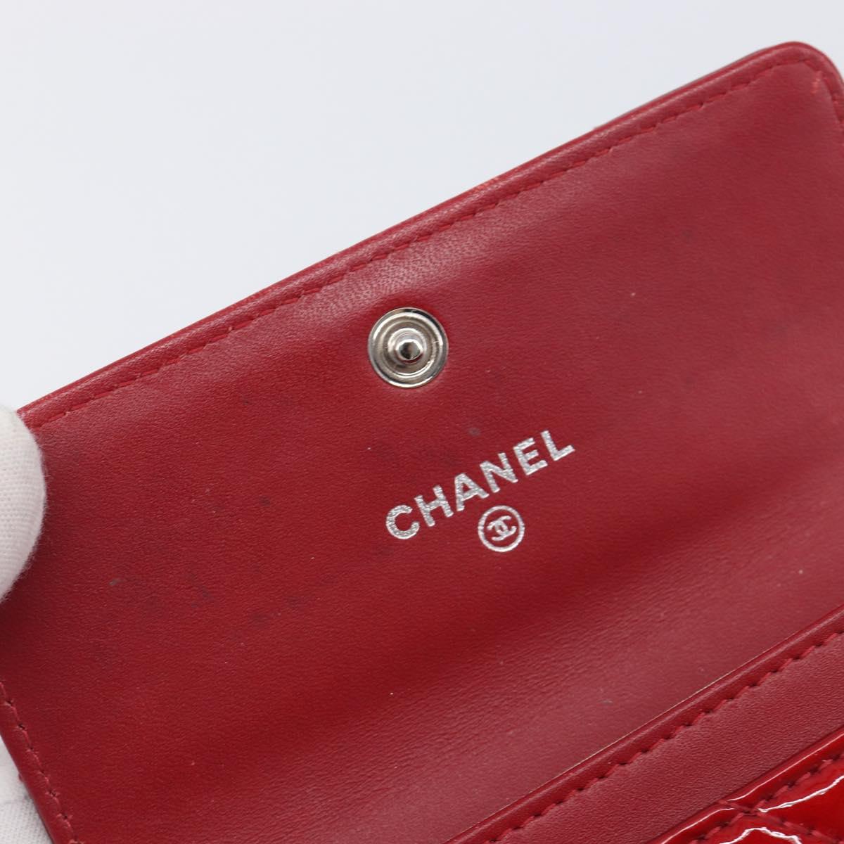 CELINE Matelasse Card Case Patent Red Silver Auth 198555