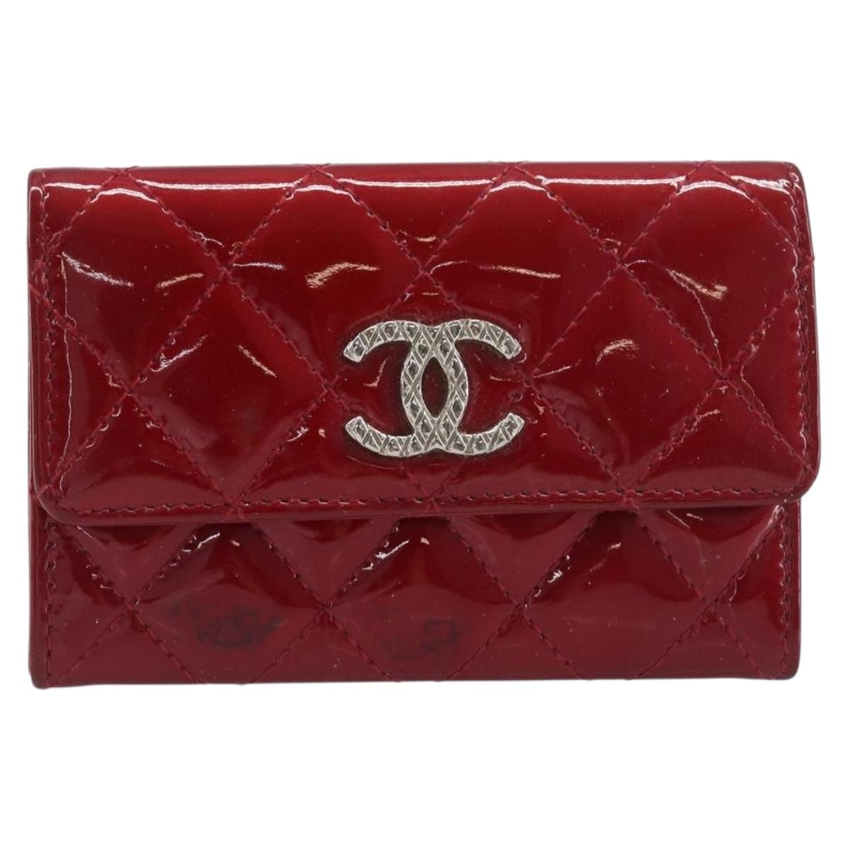 CELINE Matelasse Card Case Patent Red Silver Auth 198555