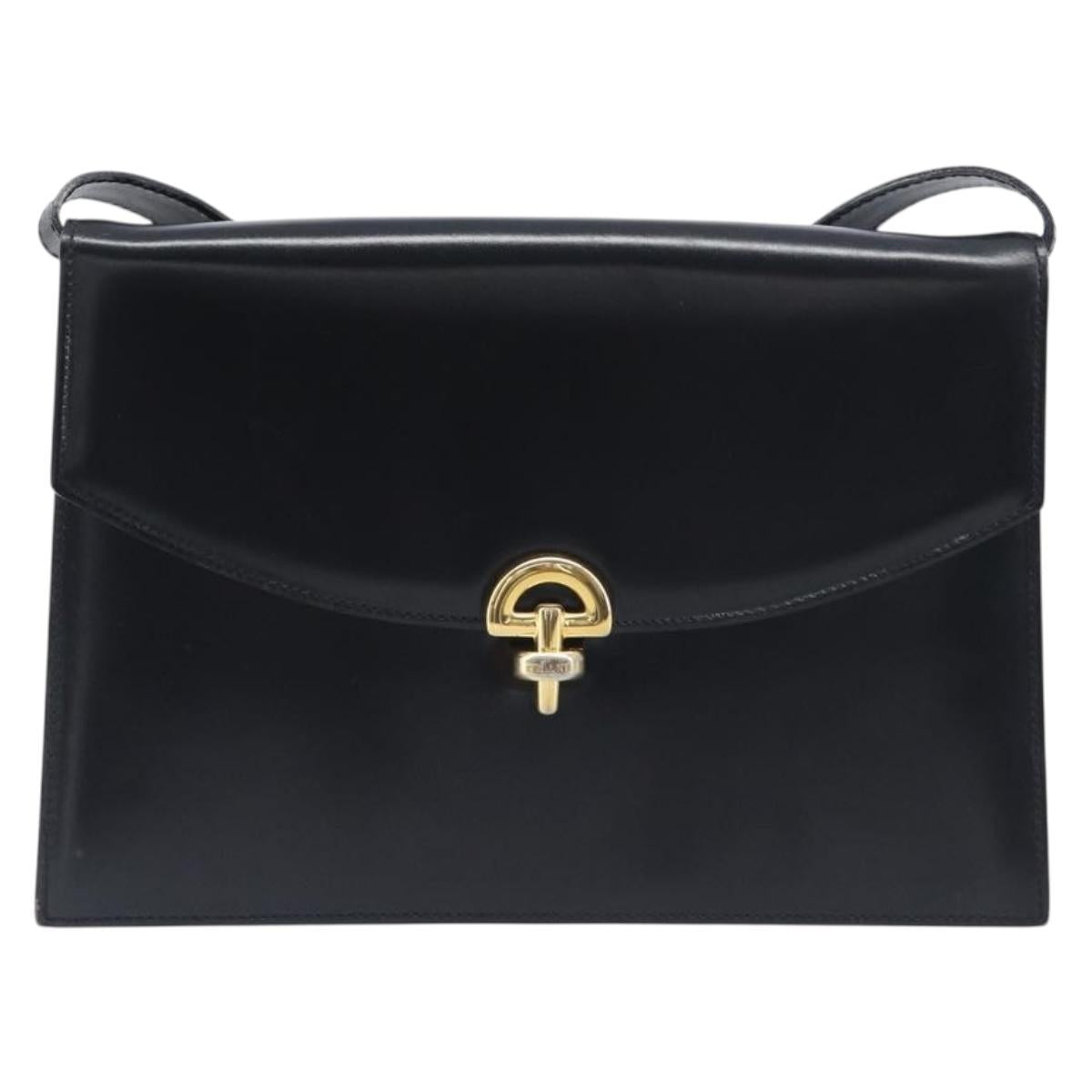 CELINE Shoulder Bag Leather Black Gold Auth 198571