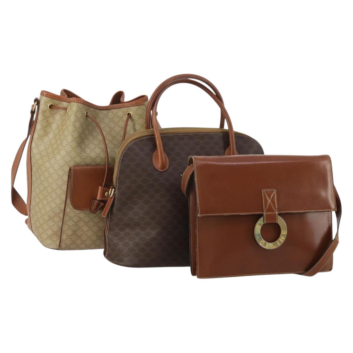 CELINE Macadam Canvas Shoulder Bag PVC Leather 3 Set Brown Beige Auth 198572