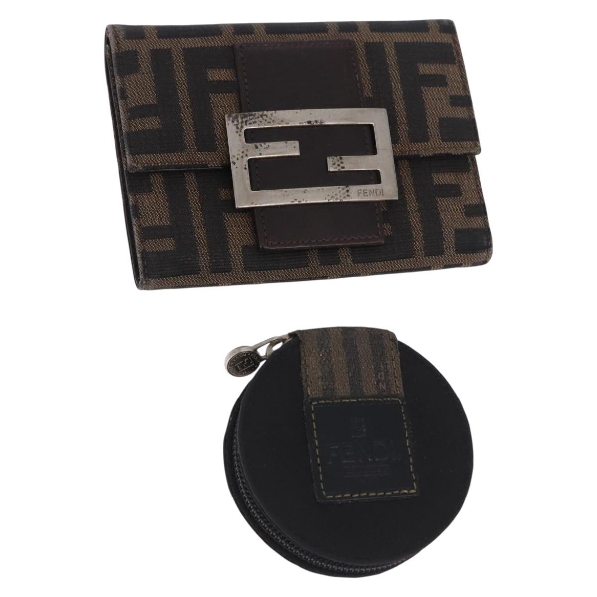 FENDI Zucca Canvas Wallet Nylon 2 Set Brown Black Auth 198577