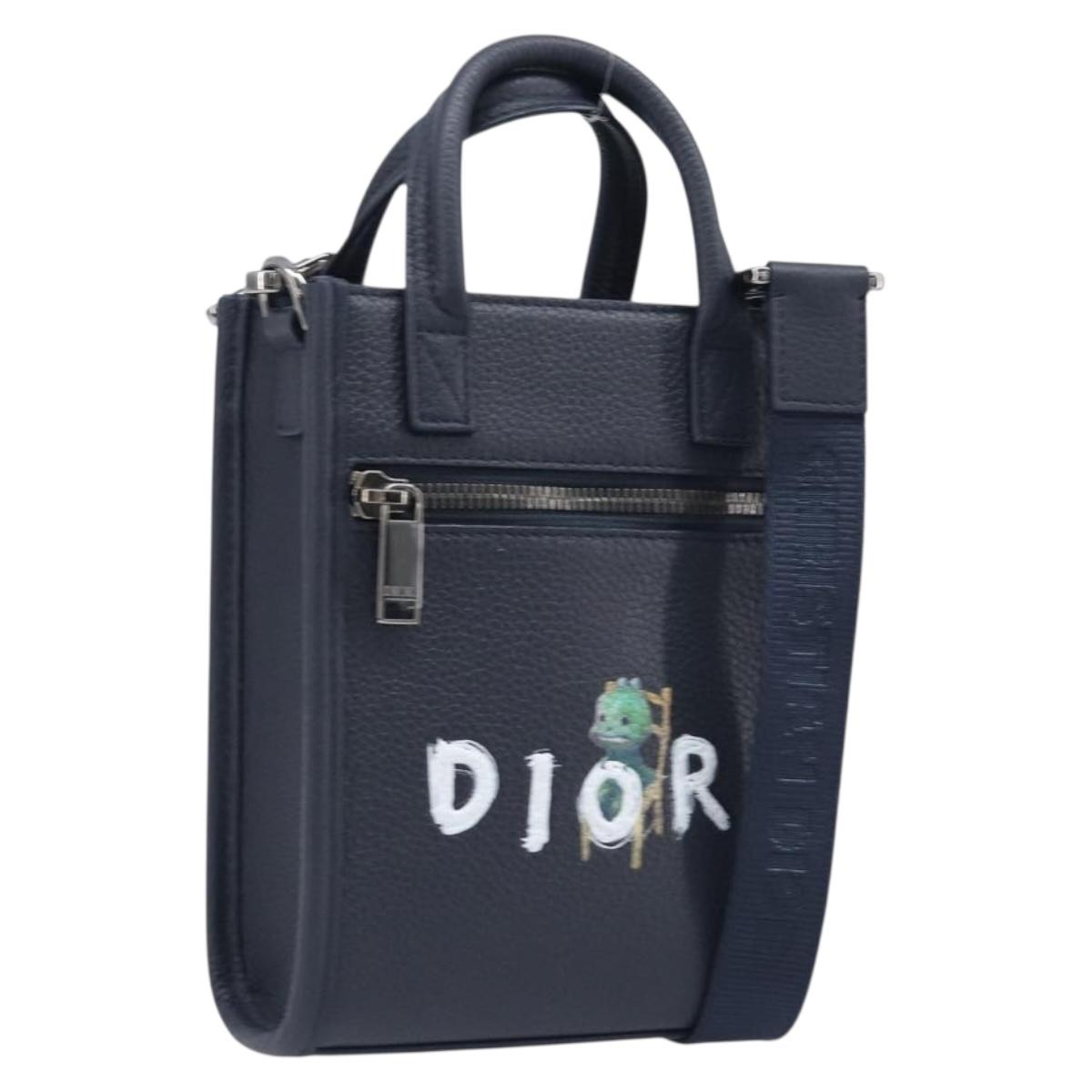 Christian Dior North South Hand Bag Leather 2way Navy Silver Auth 198600M