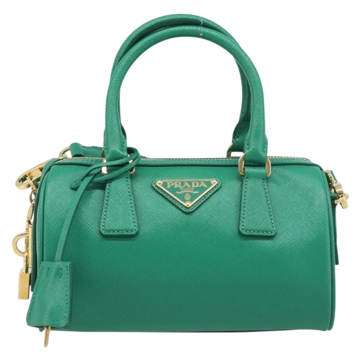 PRADA Hand Bag Safiano Leather 2way Green Gold Auth 198602SAV
