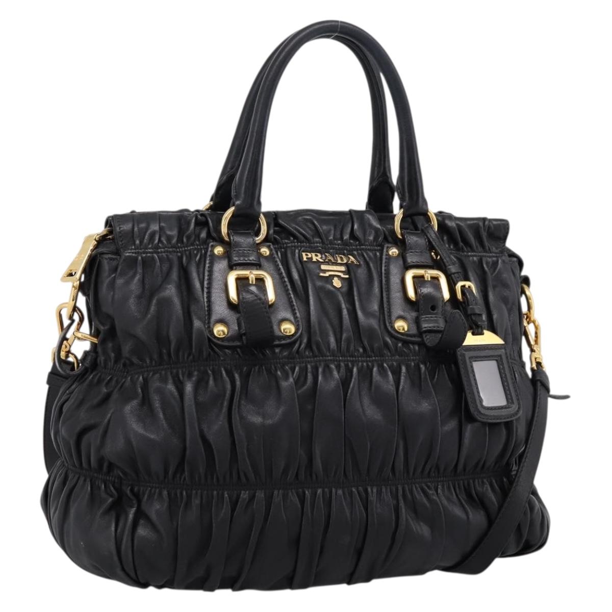 PRADA Nappa Goful Hand Bag Leather 2way Black Gold BN1407 Auth 198604A