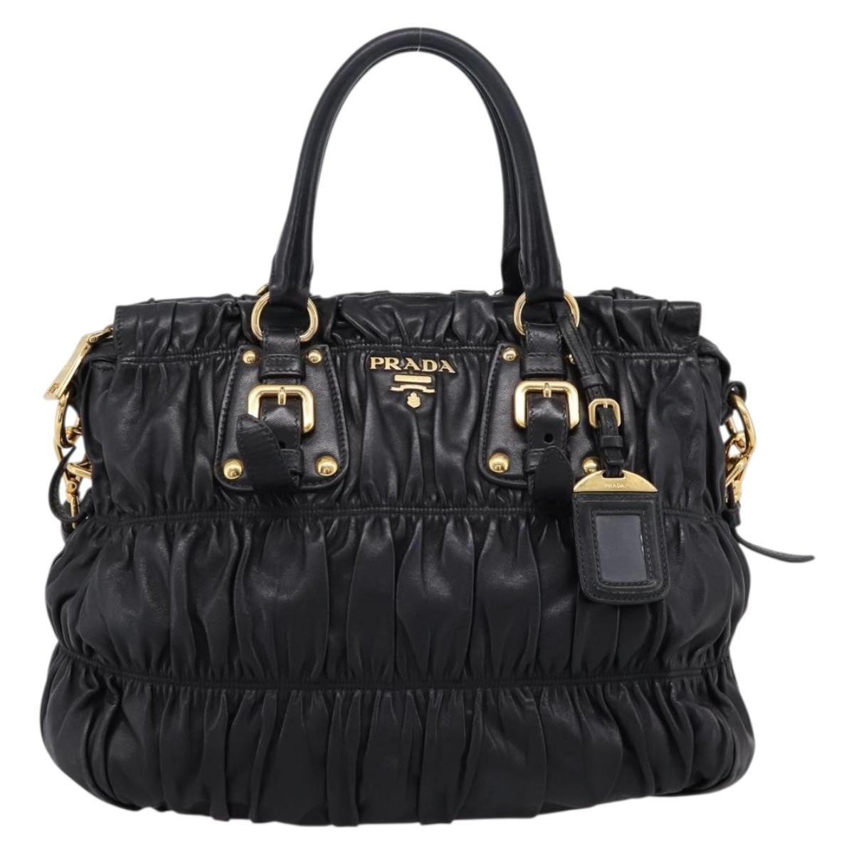 PRADA Nappa Goful Hand Bag Leather 2way Black Gold BN1407 Auth 198604A