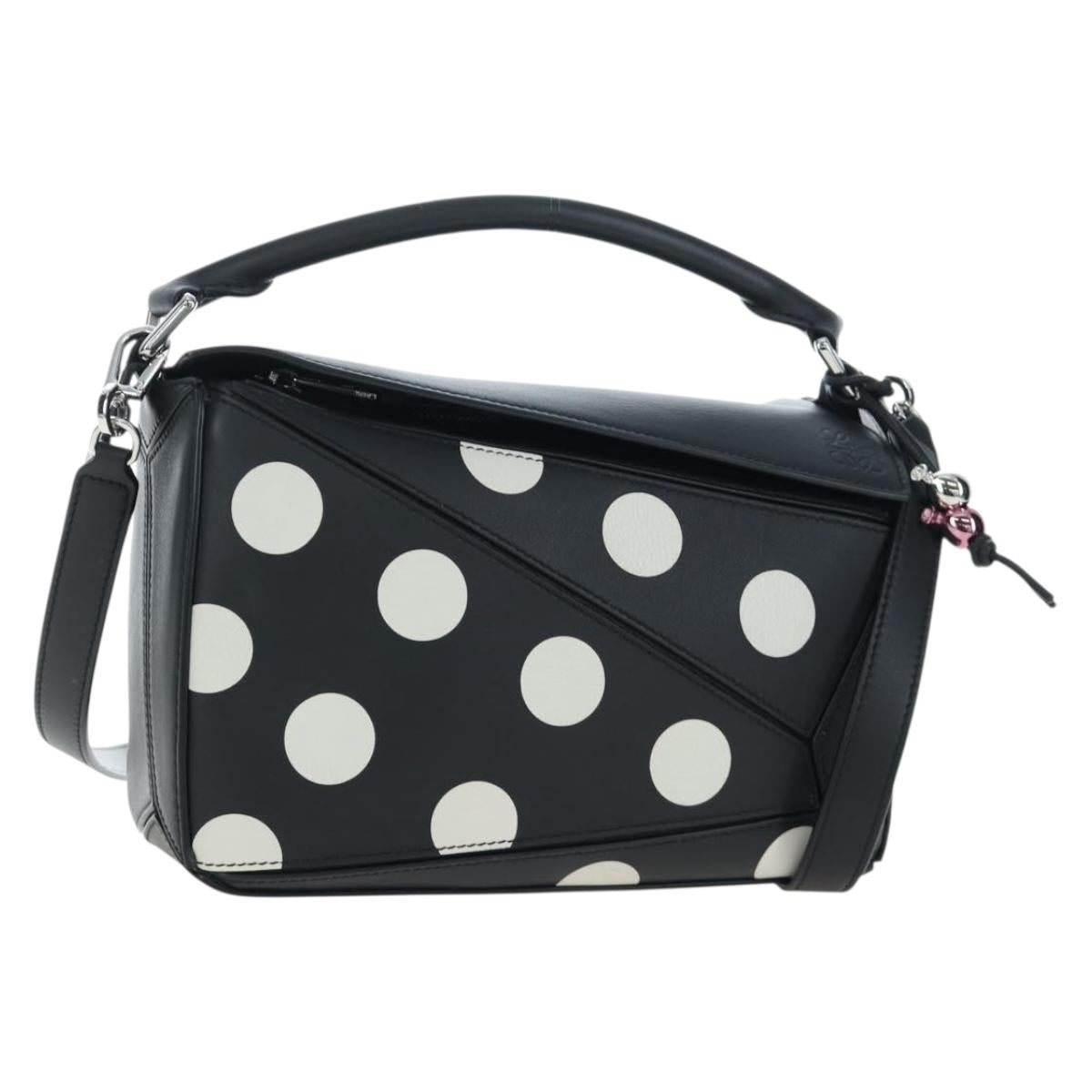 LOEWE Puzzle 10 Puzzle Bag Small Leather 2way Black Silver Auth 198606SM