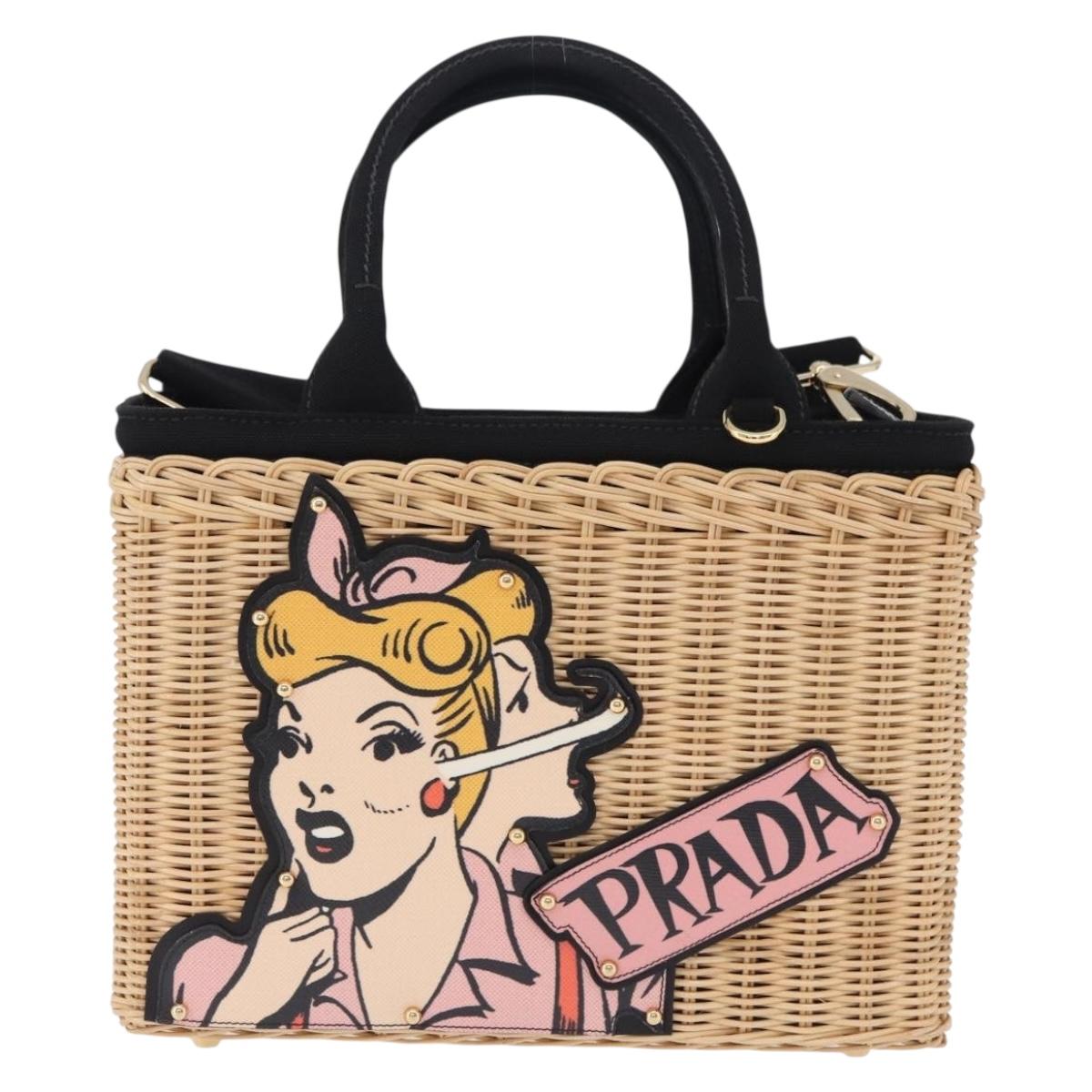 PRADA Wicker Canapa Hand Bag Rattan 2way Beige Gold 1BG835 Auth 198609SAM