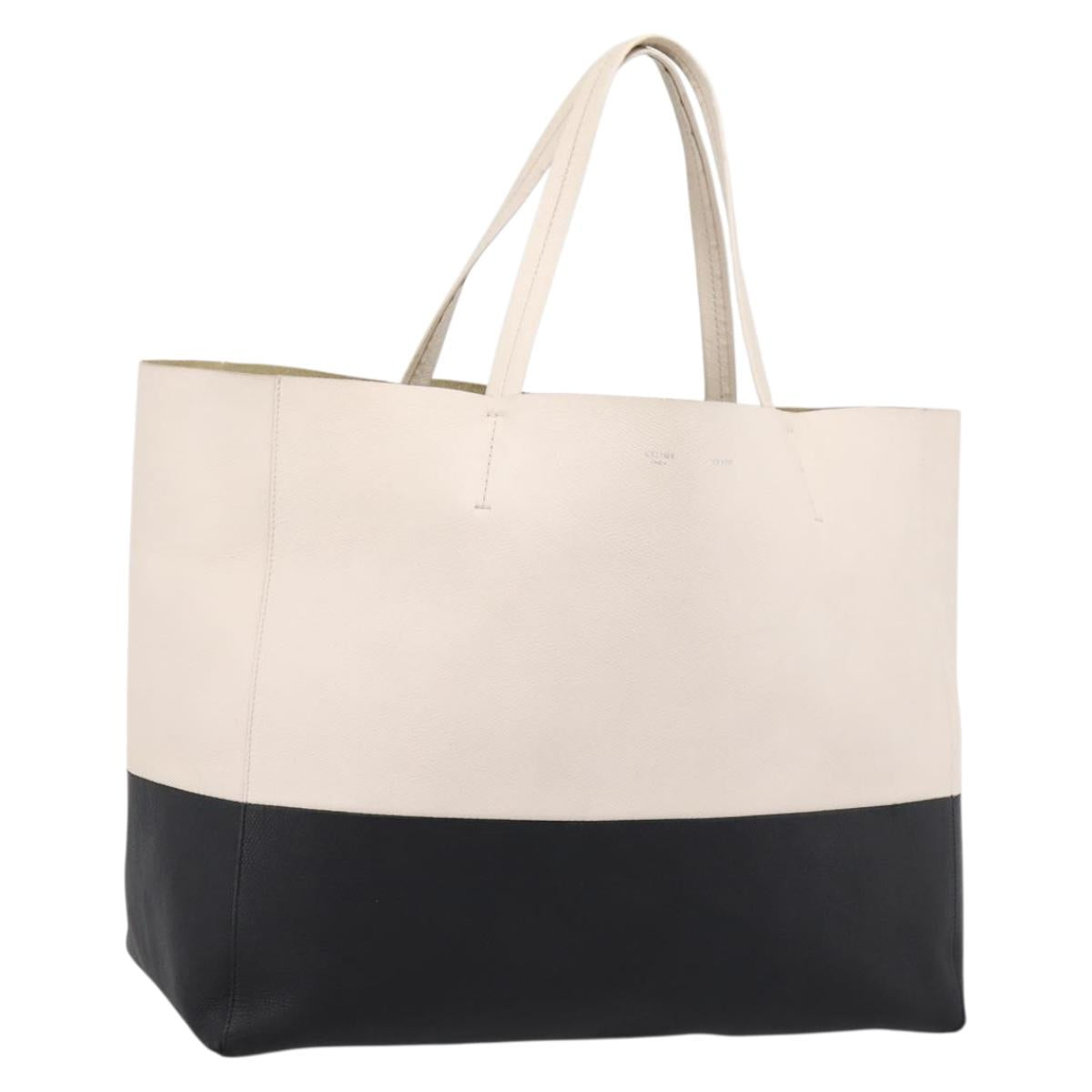 CELINE Horizontal Cabas Large Tote Bag Leather White Black Auth 198621A