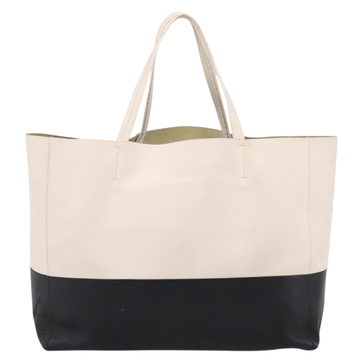 CELINE Horizontal Cabas Large Tote Bag Leather White Black Auth 198621A