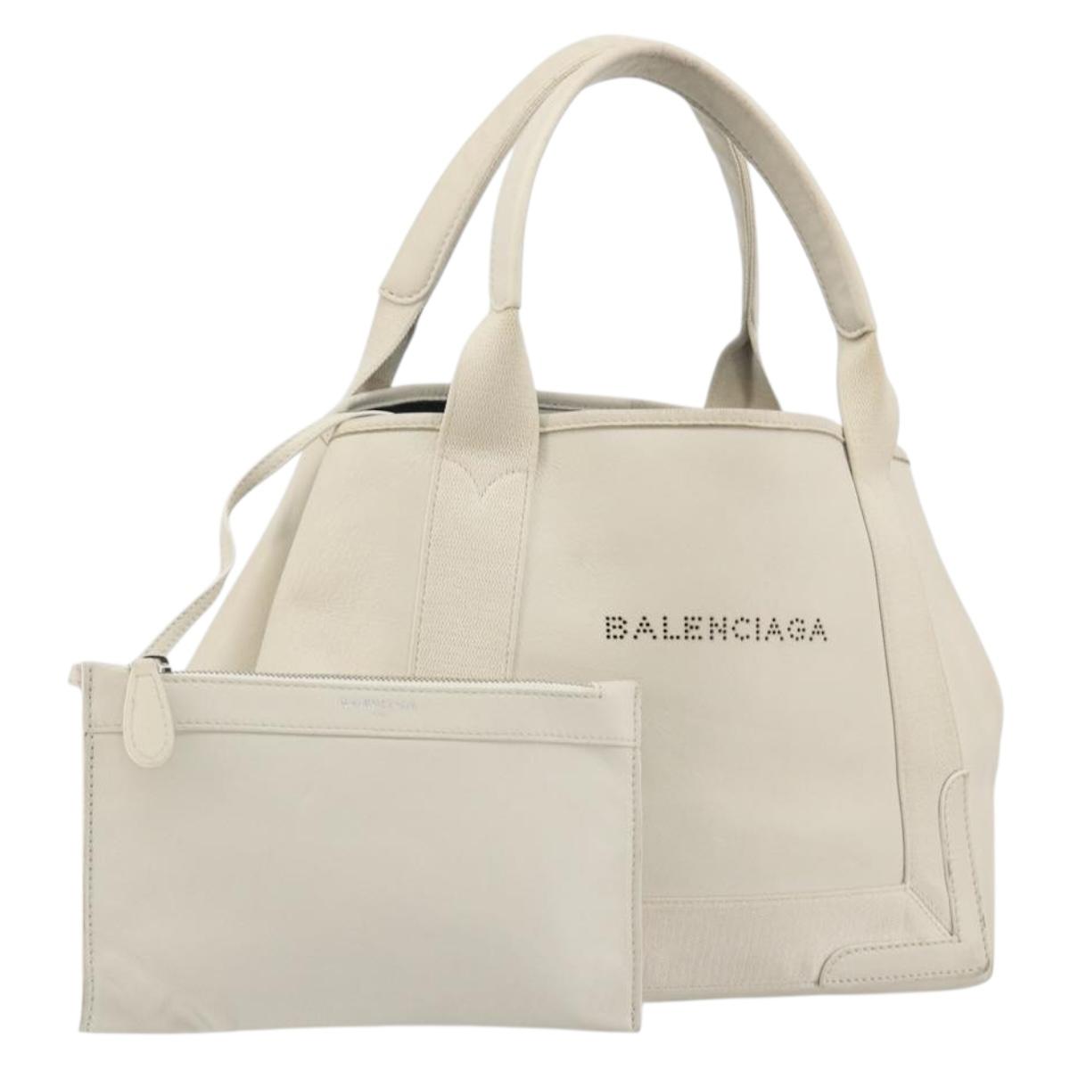 BALENCIAGA Navy Cabas S Hand Bag Leather Ivory Silver 339933 Auth 198623