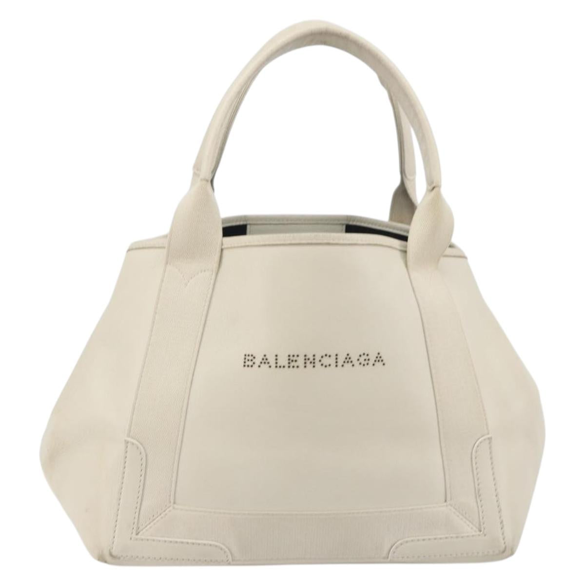 BALENCIAGA Navy Cabas S Hand Bag Leather Ivory Silver 339933 Auth 198623