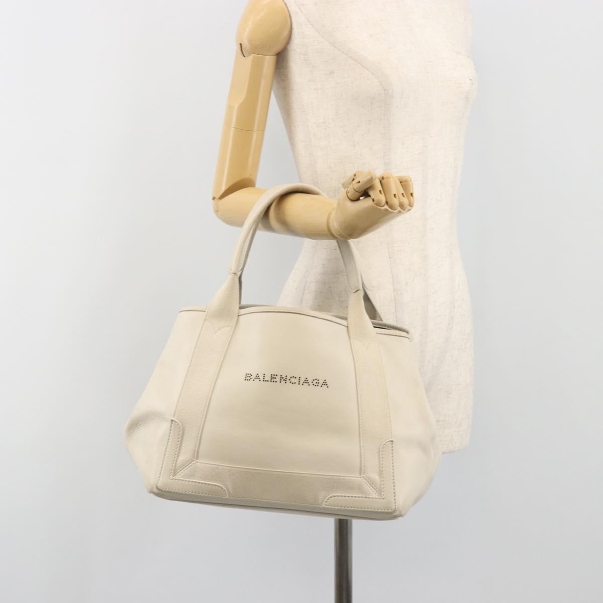 BALENCIAGA Navy Cabas S Hand Bag Leather Ivory Silver 339933 Auth 198623